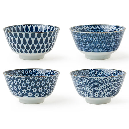 Blue and white is the new neutral. These 5" bowls are perfect for cereal, rice, soup, salad and snacks. Assorted patterns to bring beautiful variety to your life. This Japanese bowl set includes four bowls packaged in a black gift box. 5" diameter x 2.75"h. Ceramic. Microwave, dishwasher safe. Made in Japan.