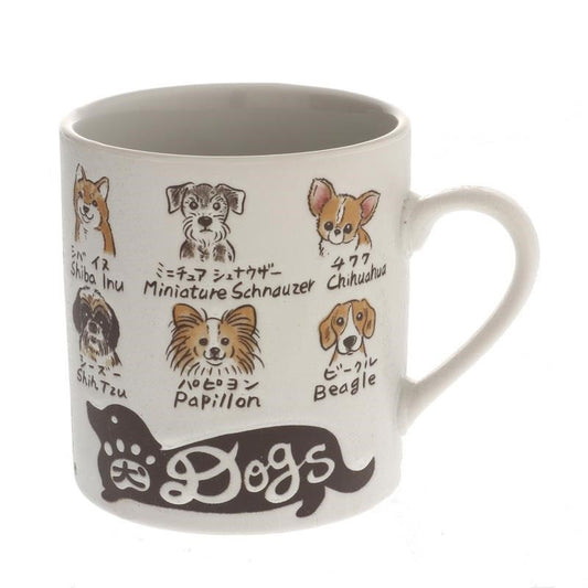 White mug featuring cartoon illustrations of dogs, labeled with breeds: Shiba Inu, Miniature Schnauzer, Chihuahua, Shih Tzu, Papillon, Beagle. Text reads "Dogs."