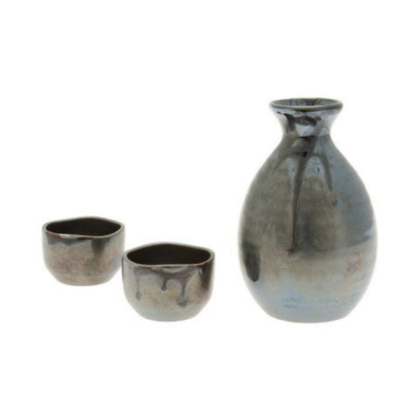 Black Luster Sake Set 2 Cups and Flask