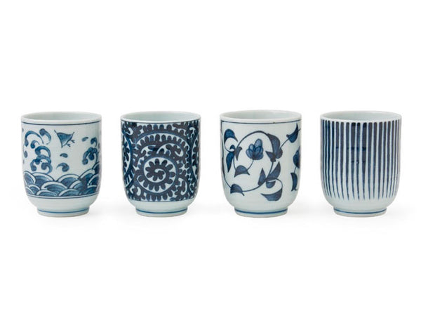 4 assorted patterns cup set. Cup size: 2.5 in x 3 in.H Capacity: 5 oz. Microwave & Dishwasher Safe. Made in Japan.