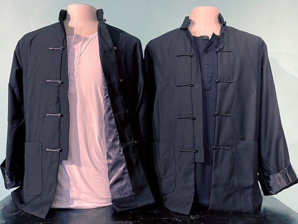 Shell: 65% Polyester 35% Nylon Lining: 100% Rayon Sizes: Small to XXX-Large. Colors: Black Option on Frog Closure and Lining: Black or Grey