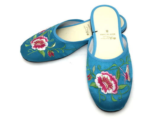 Turquoise Satin slipper with embroidered butterfly with peony print