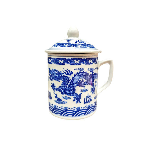 Blue on white ceramic tea mug with lid and dragon design