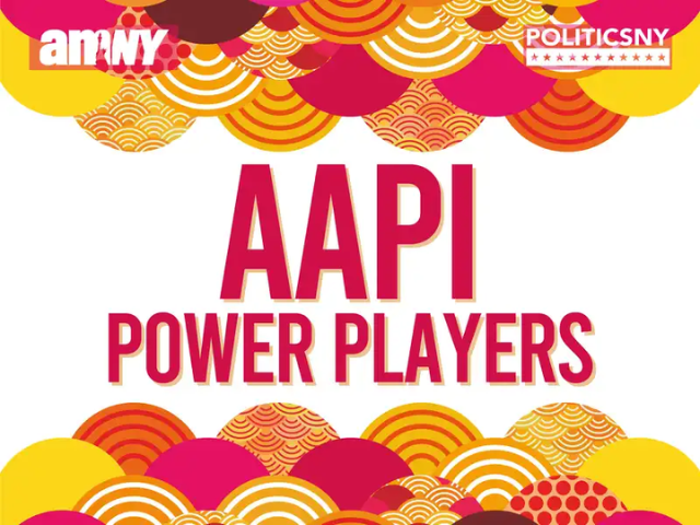 Graphic for AMNY's AAPI Power Players with red, orange, and yellow half circle designs