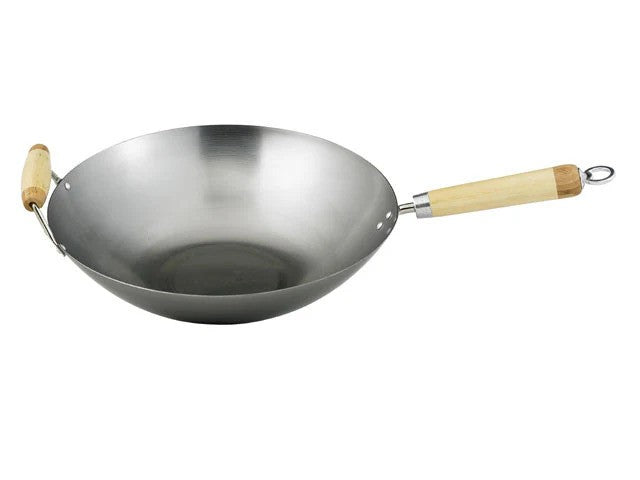 Carbon steel wok with side handle