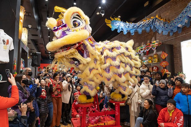 Lion dancer on stool at Pearl River Mart SoHo