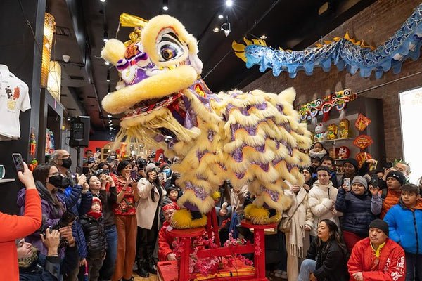 Lion dancer on stool at Pearl River Mart SoHo