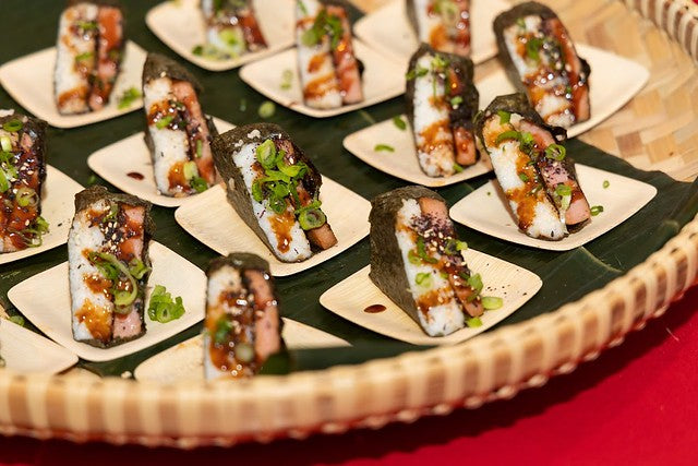 Close-up of spam musubi in tray