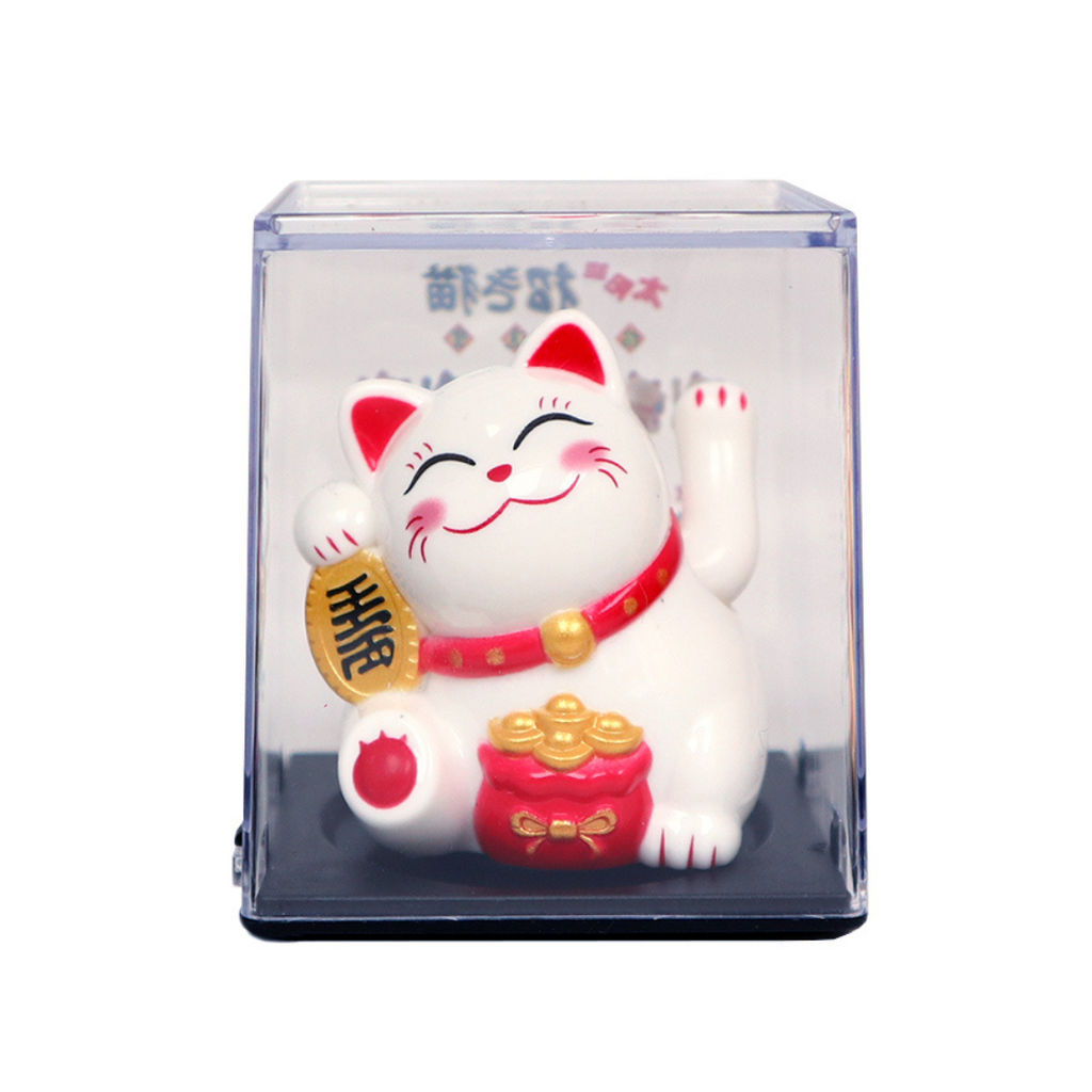 Solar Power Lucky Cat with Lucky Character and Ingots - White