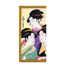 A vertical Japanese-style art print or card featuring three women in traditional geisha attire with black hair ornaments, shown against a plain white background.