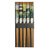 A set of five Japanese chopsticks, featuring bamboo-colored handles with traditional landscape illustrations and white tips with Japanese calligraphy.