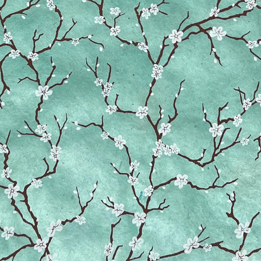 Handmade Nepal silkscreen paper: Peach Blossoms in blue