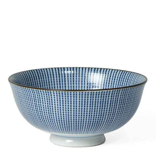 A ceramic bowl with a blue and white grid pattern and a thin dark rim, shown on a plain white background.