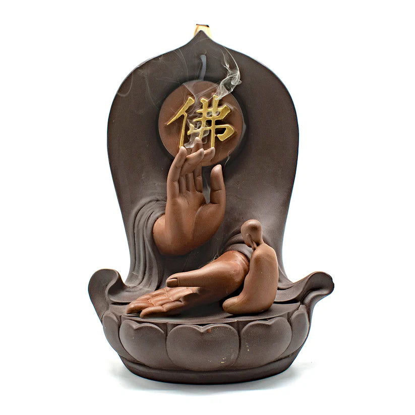 Backflow Incense Burner - Serenity Hands and Buddha Character