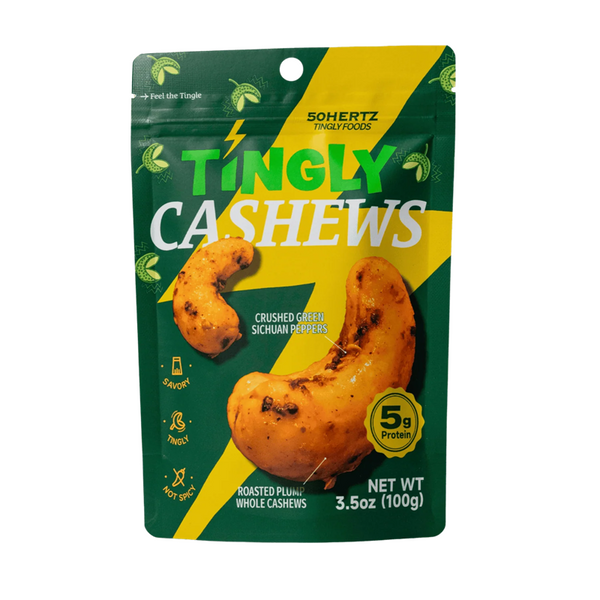 Packaging of Tingly Cashews with green and yellow design on a white background