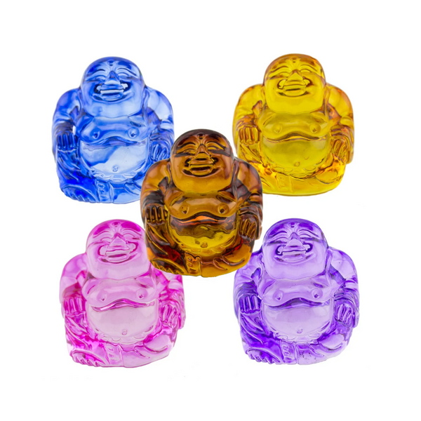 Five crystal buddhas. One in blue, amber, yellow, pink and purple