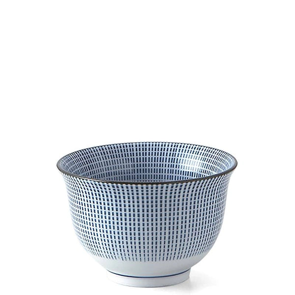 Ceramic bowl with grid pattern on a white background