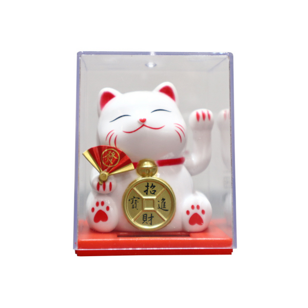 Solar Power Lucky Cat with Fan and Coin - White