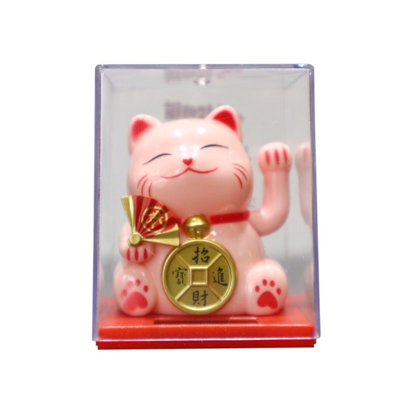 Solar Power Lucky Cat with Fan and Coin - Pink