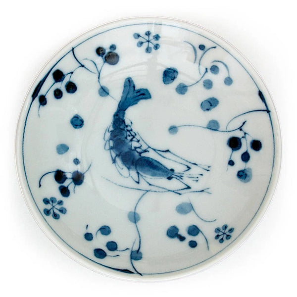 A round white ceramic plate with a blue hand-painted shrimp and floral design, shown from a top-down view on a white background.