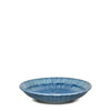 A round ceramic plate with a blue and white striped ribbed pattern, shown from a top-down view on a plain white background.
