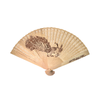 Beige hand fan with peacock design on a white background