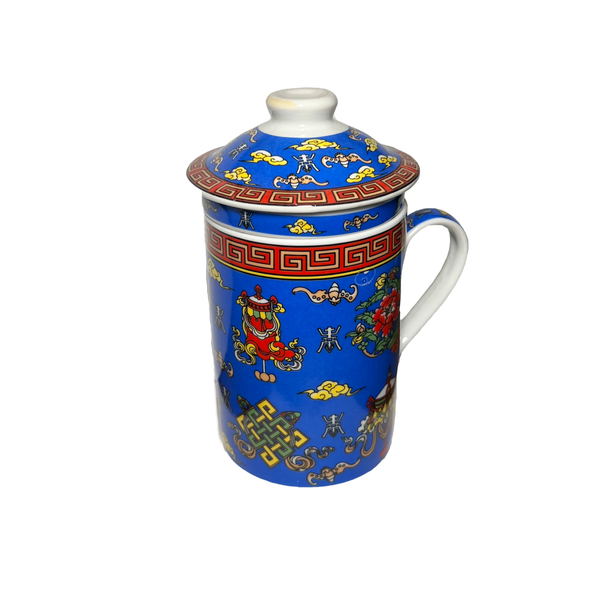 A blue ceramic lidded cup with a handle, decorated with traditional Chinese-style illustrations, including a red dragon, yellow clouds, and gold geometric borders.