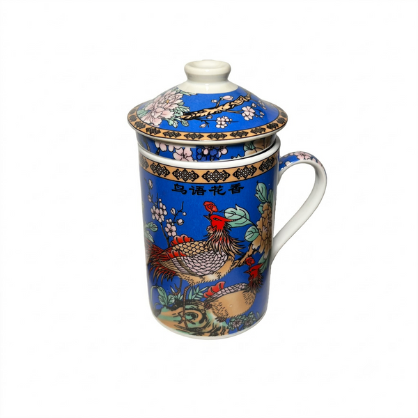 A blue ceramic lidded mug with a handle, decorated with colorful rooster and floral motifs, on a plain white background.
