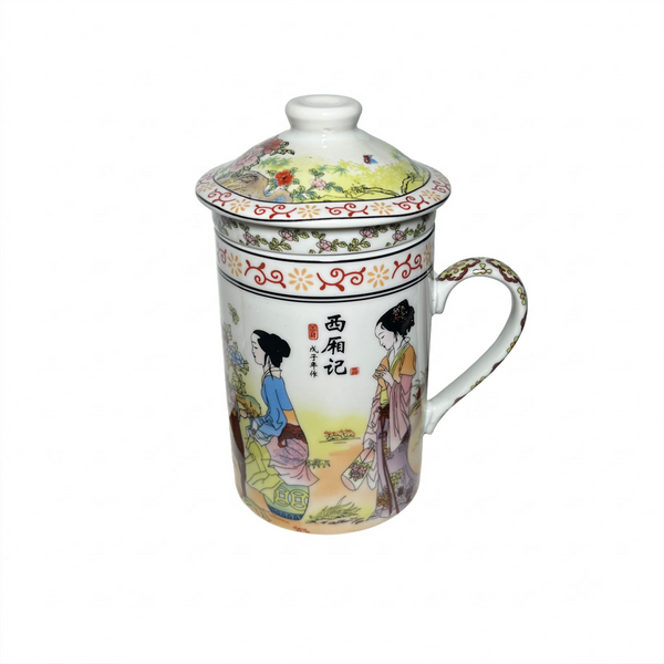 A white porcelain lidded tea cup with hand-painted traditional Chinese illustrations of women, featuring a floral patterned rim and a handle on a plain white background.