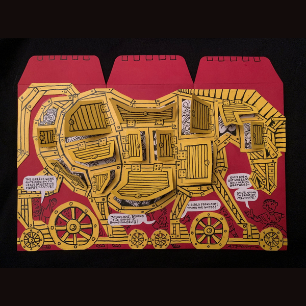 Red and gold envelopes with intricate design and text on a black background