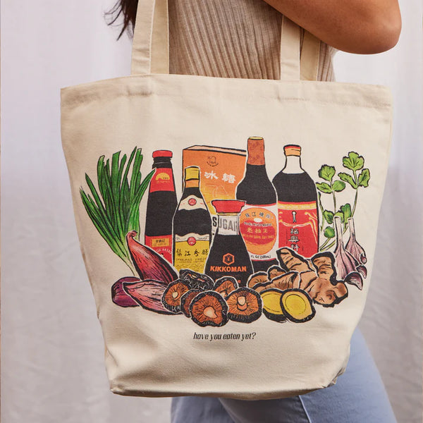 Asian Sauces Tote Bag with drawings of different sauce and vegetables.