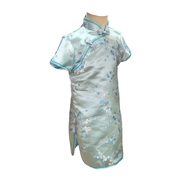 Baby Blue Short Sleeve Brocade Girls Dress with Blossom Pattern