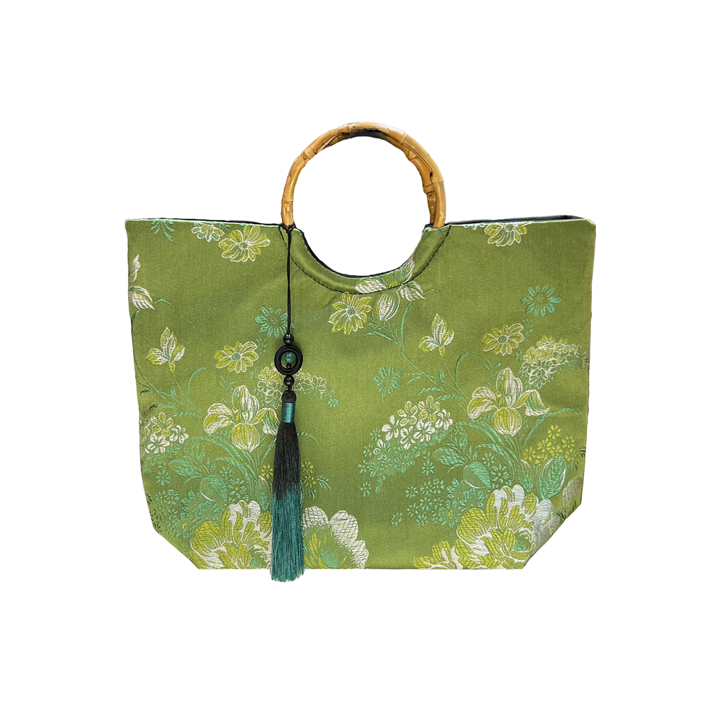 Brocade Tote with Bamboo Handle - Green