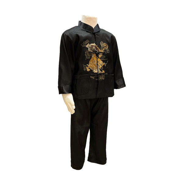 Traditional children's outfit in black with dragon design on mannequin