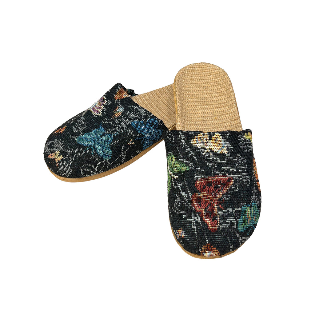 Women's Fabric Slipper with Woven Sole - Black with Butterfly Print