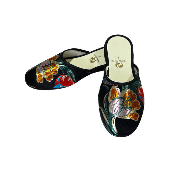 Brocade Slippers with Tulip Design - Black
