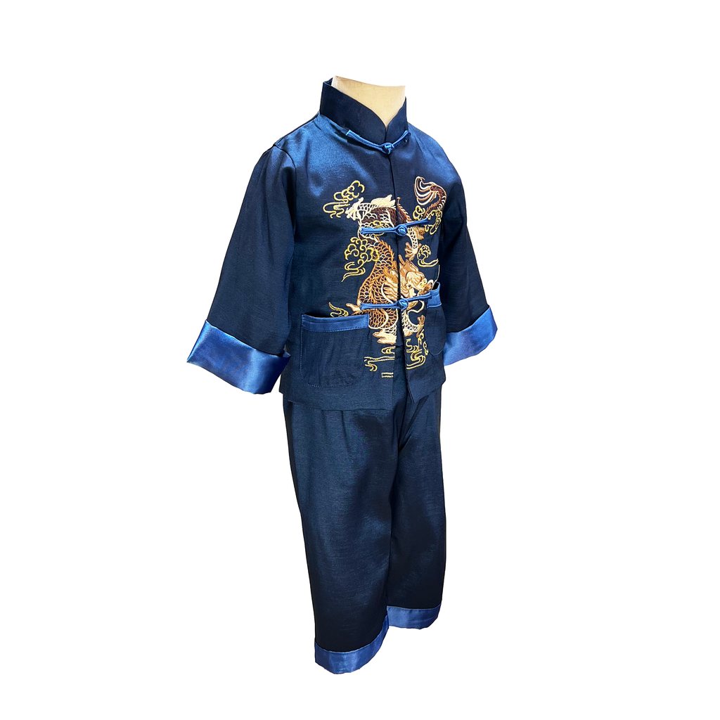 Kids Blue Dragon Embroidered Long Sleeve Outfit