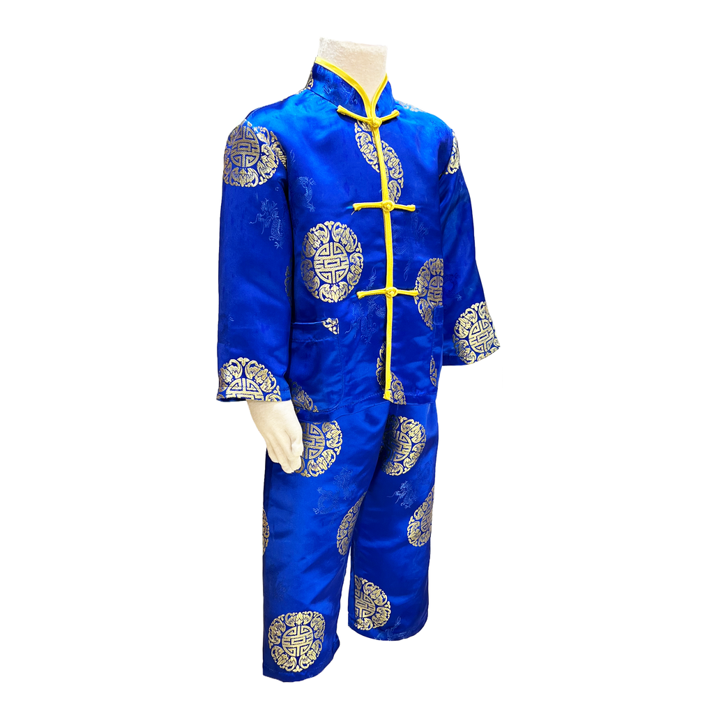 Kids Blue Long Sleeve Brocade Outfit with Longevity Design