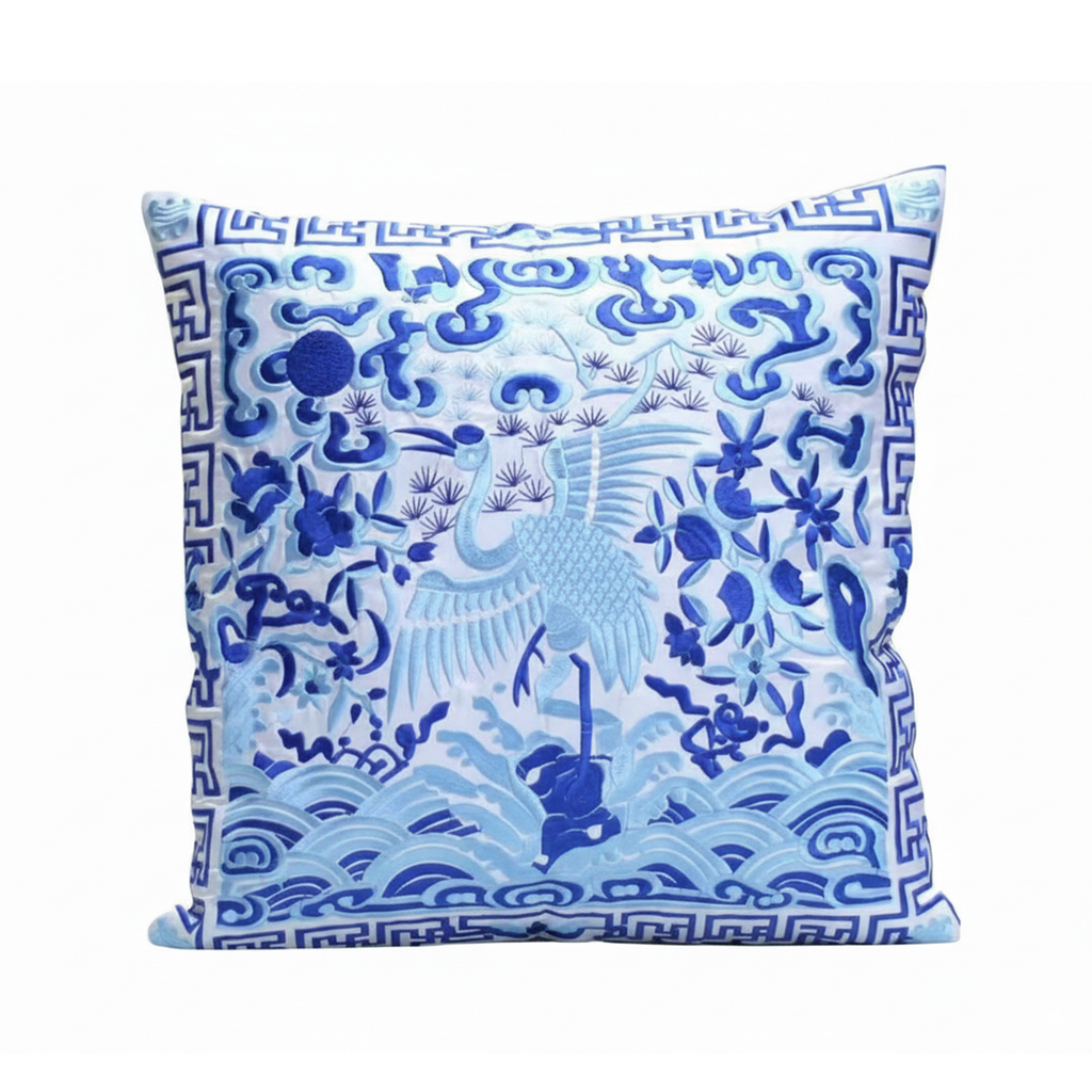 Deluxe Embroidered Cushion Cover with Crane Design (Various Colors)