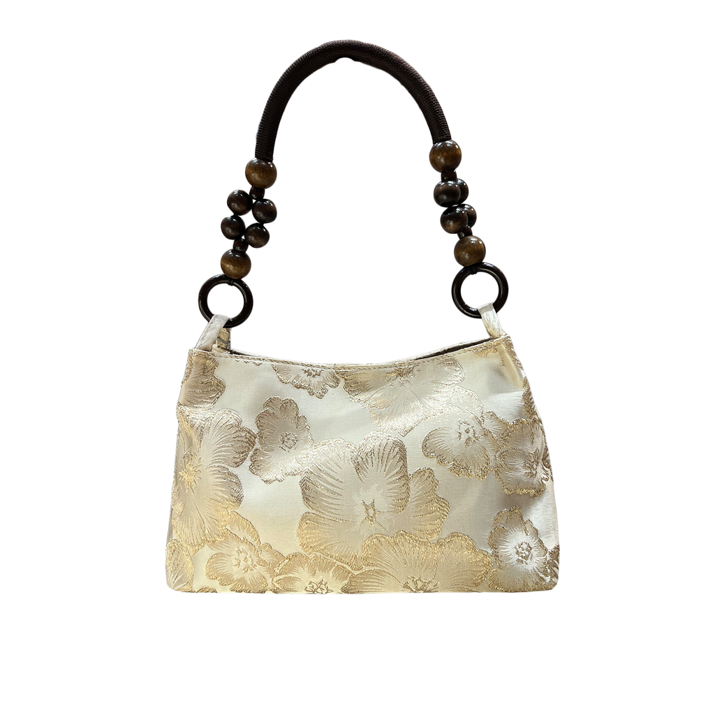 Brocade Shoulder Bag with Wooden Handle - Gold