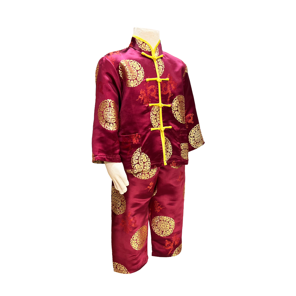 Kids Burgundy Long Sleeve Brocade Outfit with Longevity Design