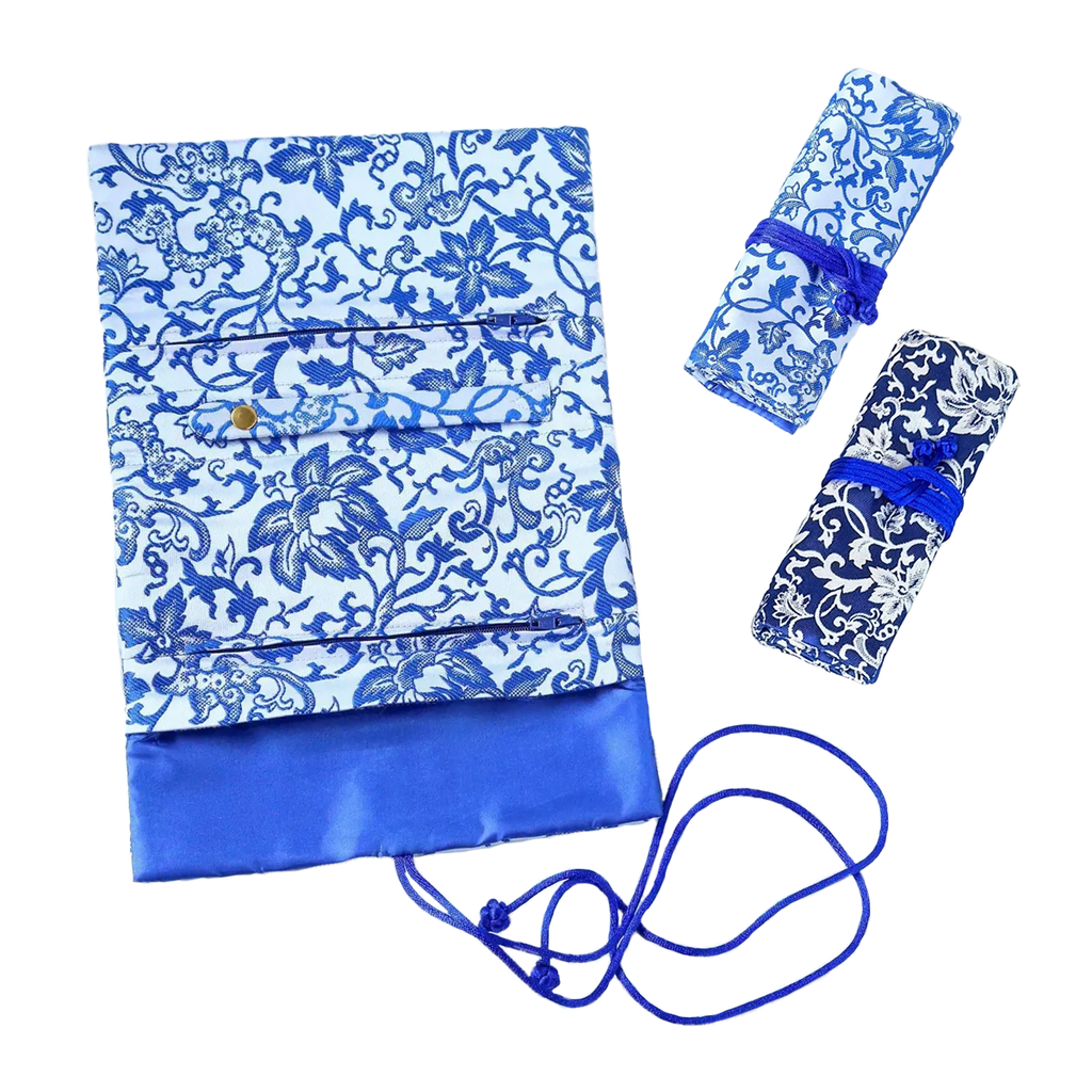 Floral Brocade Jewelry Roll - Blue and White