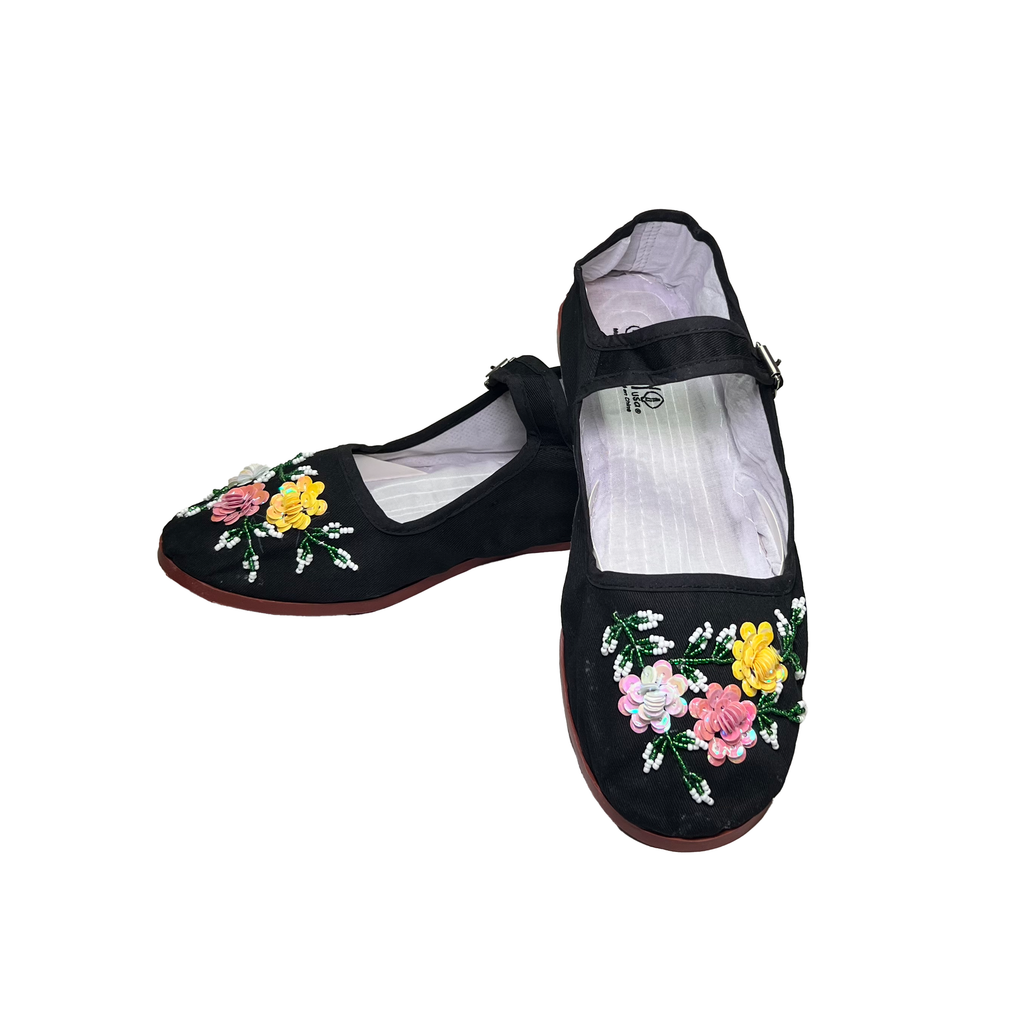Black Cotton Multi-Color Floral Sequin Mary Jane Shoes