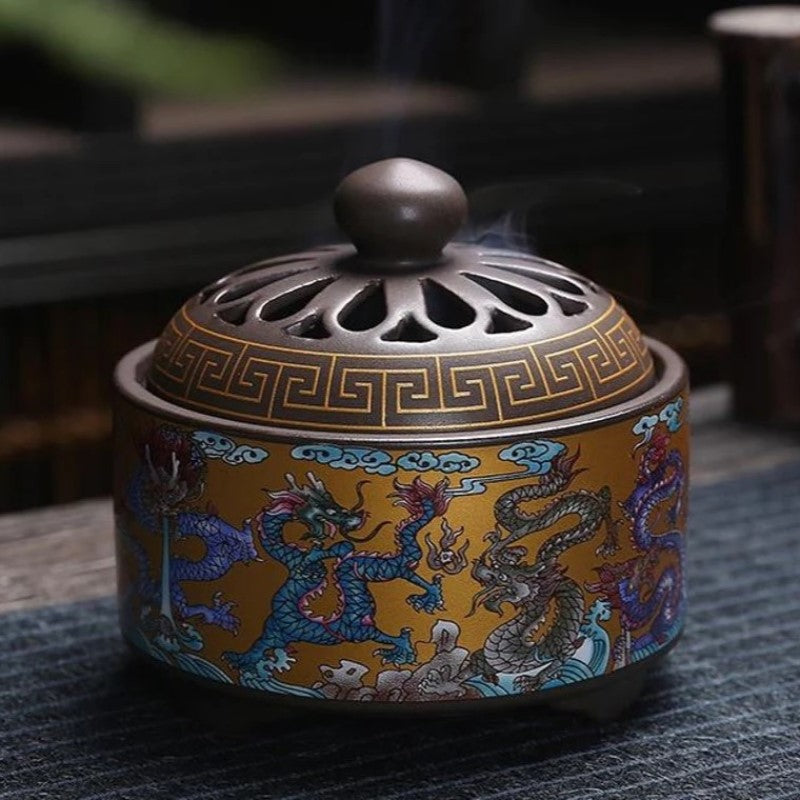 Round Enamel Incense Burner - Dragon