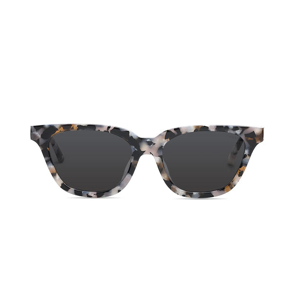 Front view of Covry - Trix Stone Sunglasses with multicolored tortoise frame and solid grey lenses.