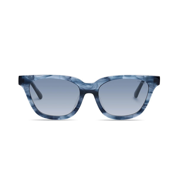 Front view of Covry - Trix Denim Sunglasses with dark blue tortoise frame and gradient blue lenses.