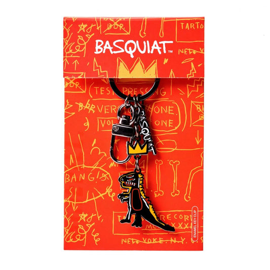 Keychain with a dinosaur design on a red background with 'Basquiat' branding.