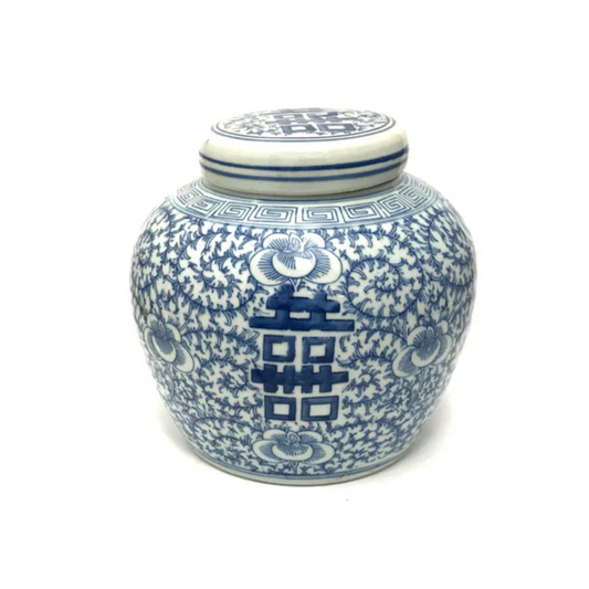Double Happiness Blue on white ceramic jar