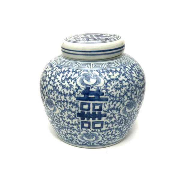 Double Happiness Blue on white ceramic jar