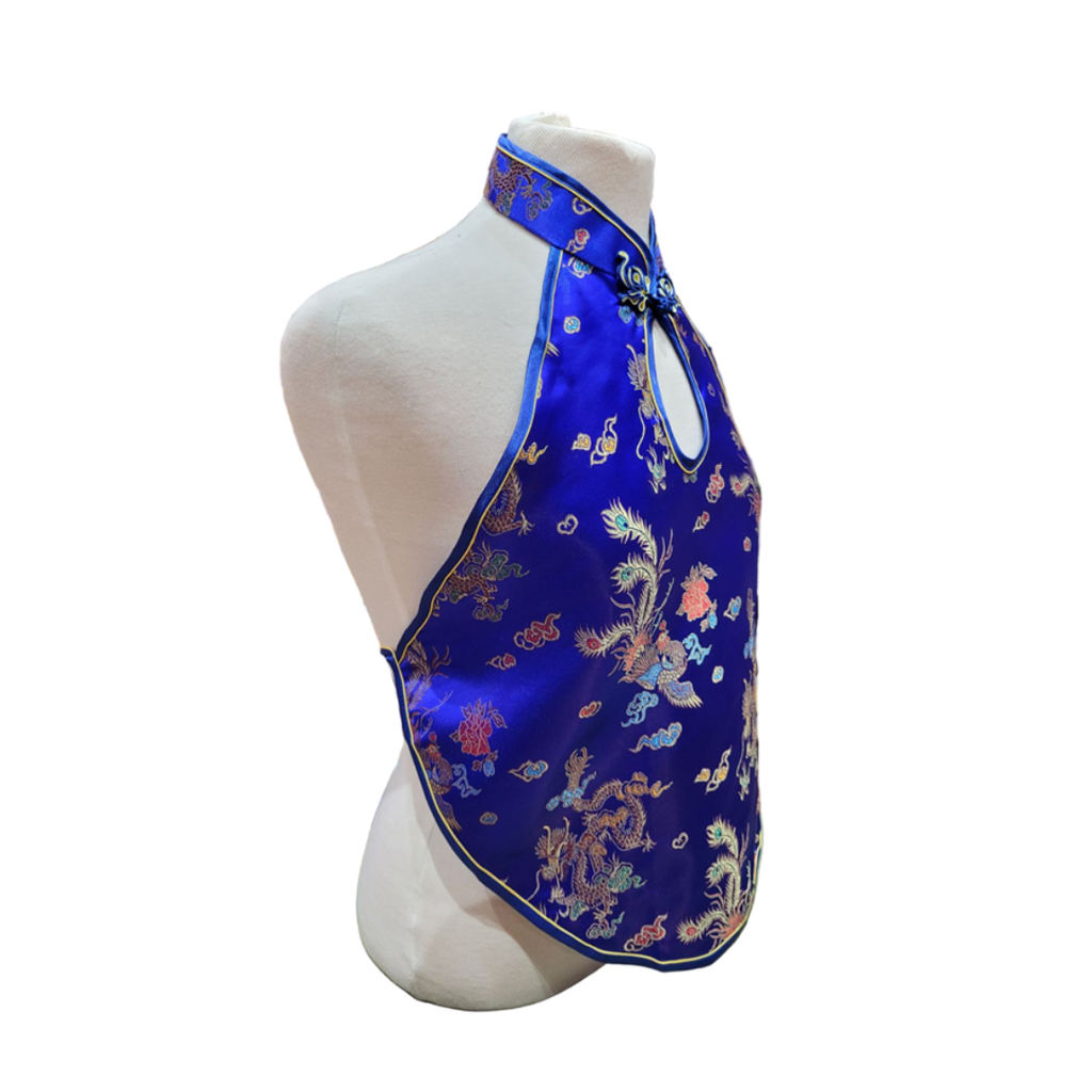 Brocade Apron Halter Top - Blue with Dragon and Phoenix Pattern